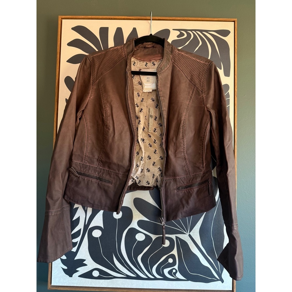 NWT Hei Hei Anthropologie Plum Brown Faux Leather Moto Jacket Quilted Shoulder M